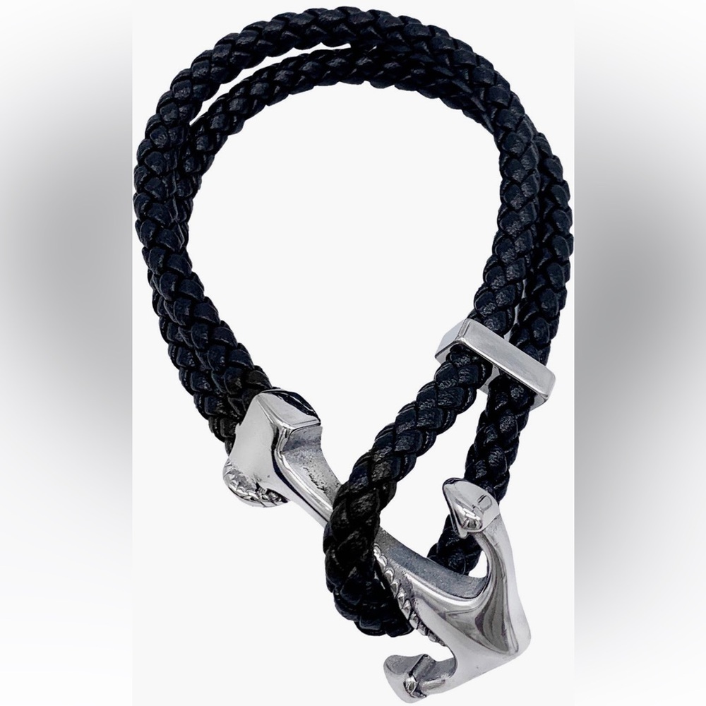 Adornia Water Resistant Anchor Braided Leather Bracelet | Silver/Black, One Size